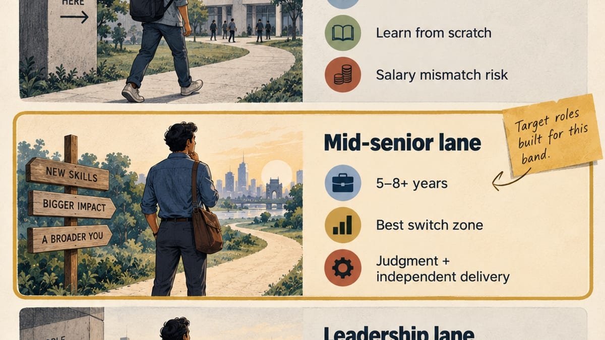 Editorial illustration of a professional weighing a career change after five years in India