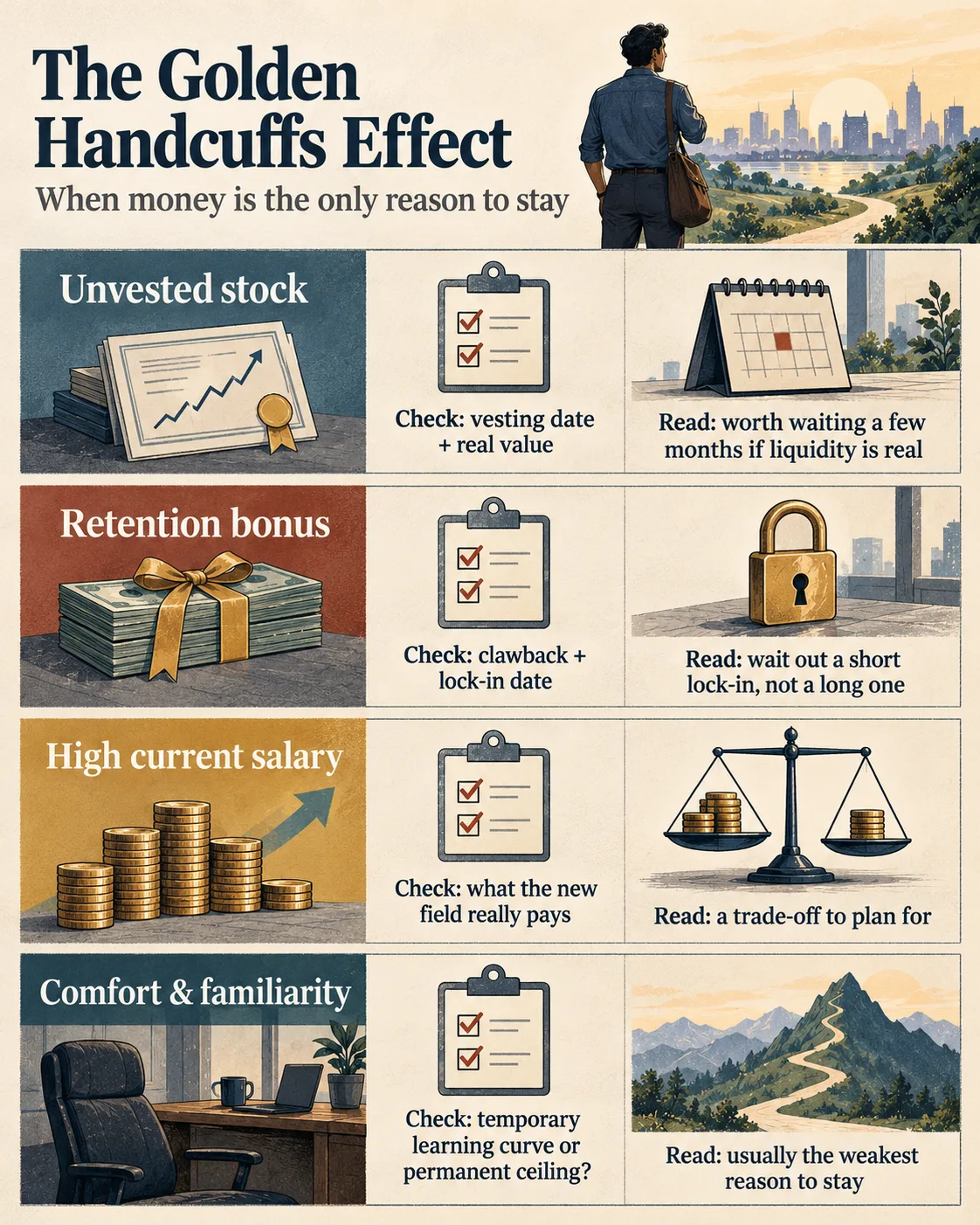 Infographic summarizing stock, retention bonus, salary, and comfort factors behind golden handcuffs
