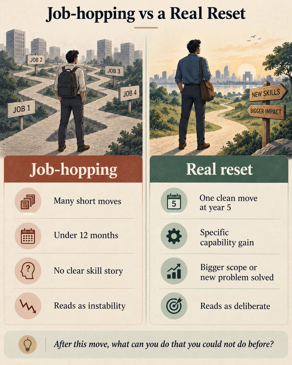 Infographic showing the fresher, mid-senior, and leadership lanes after five years of experience