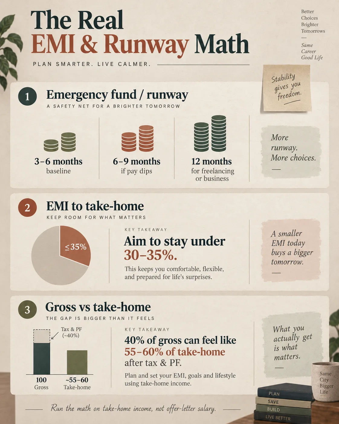 Infographic summarizing EMI affordability and the savings runway needed for a career change at 30