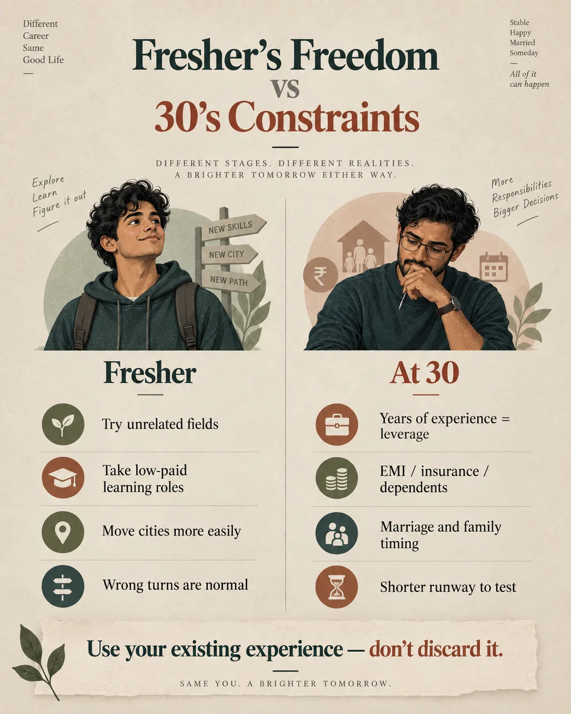 Comparison infographic showing a fresher's freedom versus the financial and family constraints at 30