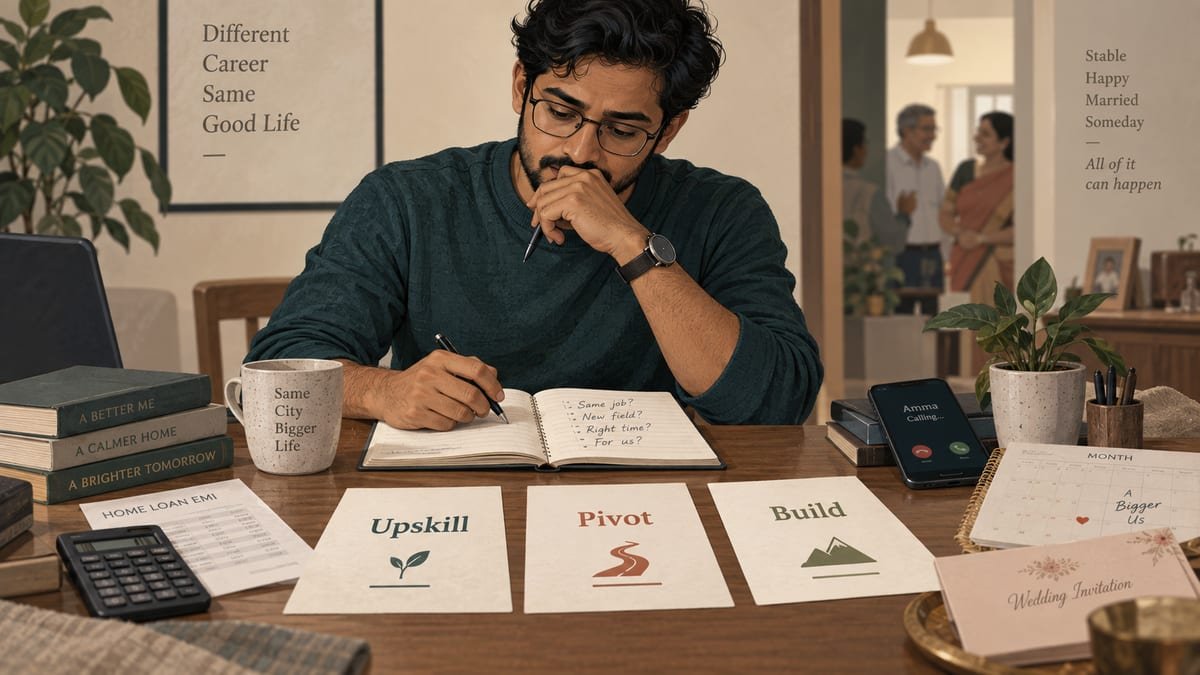 Editorial illustration of the EMI, family, and career paths involved in changing careers at 30 in India