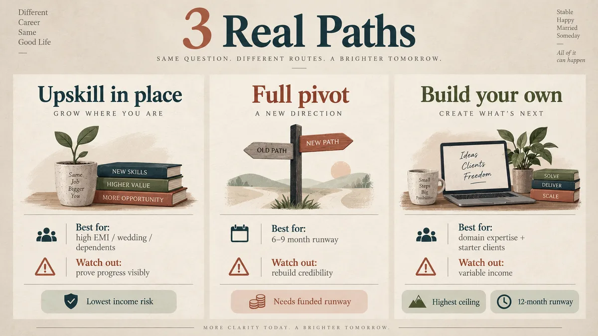 Three career-change paths at 30: upskill in place, make a full pivot, or build something of your own
