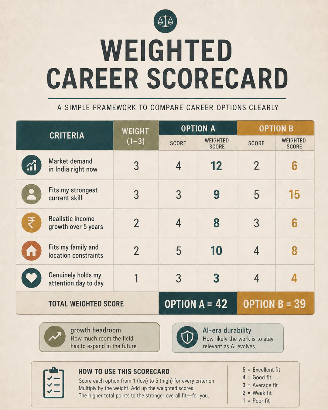 Weighted career scorecard comparing two options across market demand, strongest skill, income growth, constraints, and daily attention.