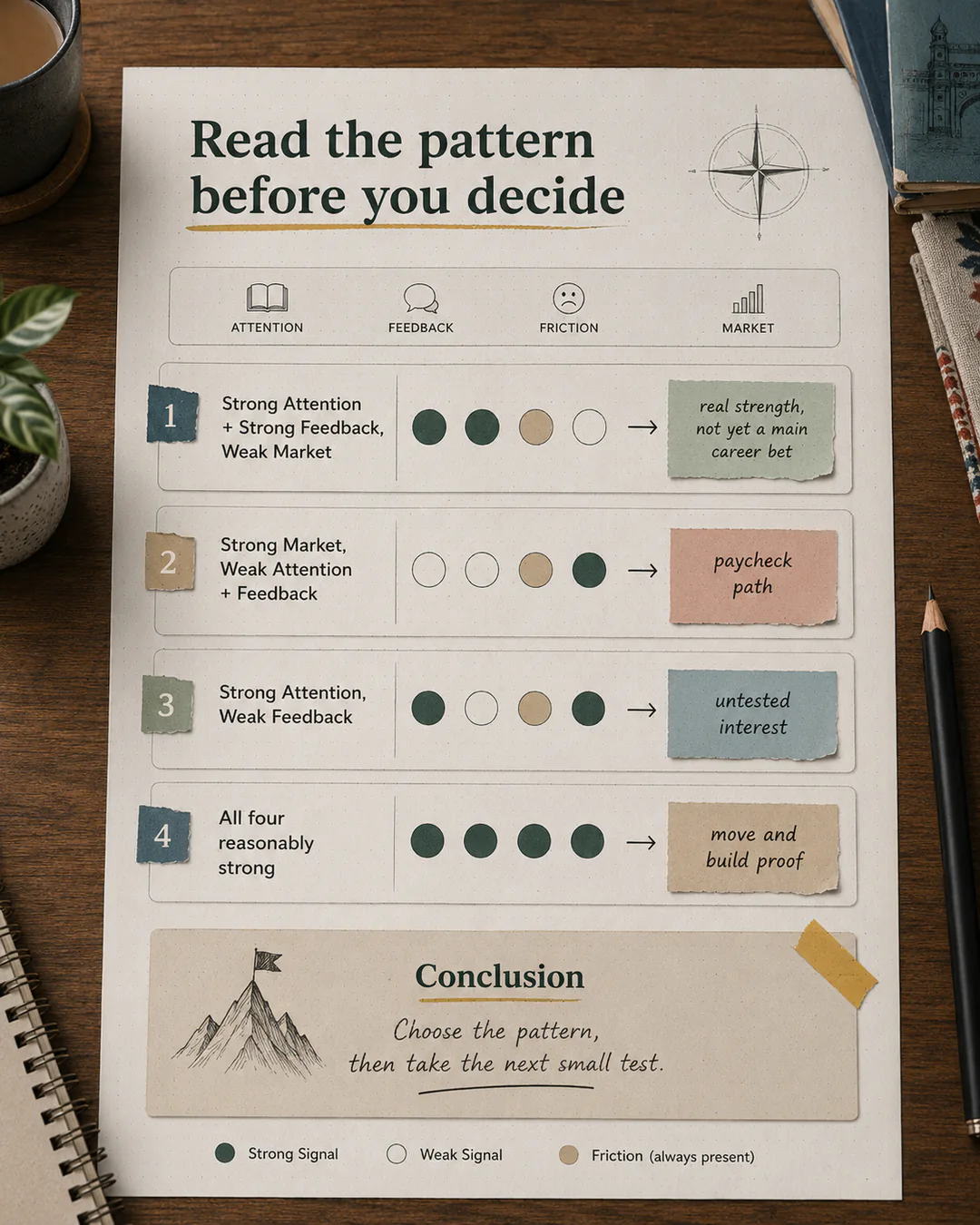 Decision guide explaining four combinations of attention, feedback, friction, and market career-fit signals.