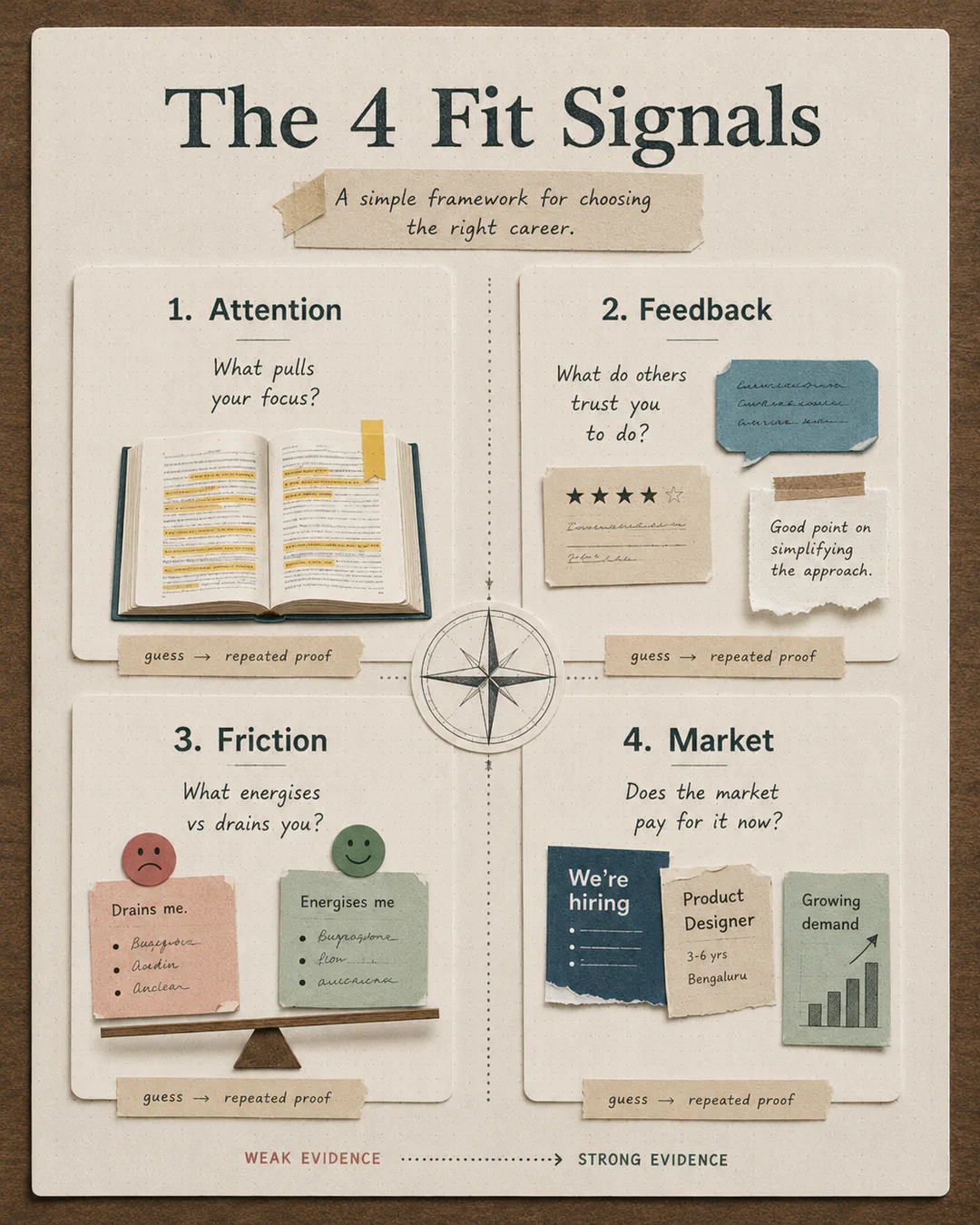 Four-fit-signals career framework covering attention, feedback, friction, and market evidence.