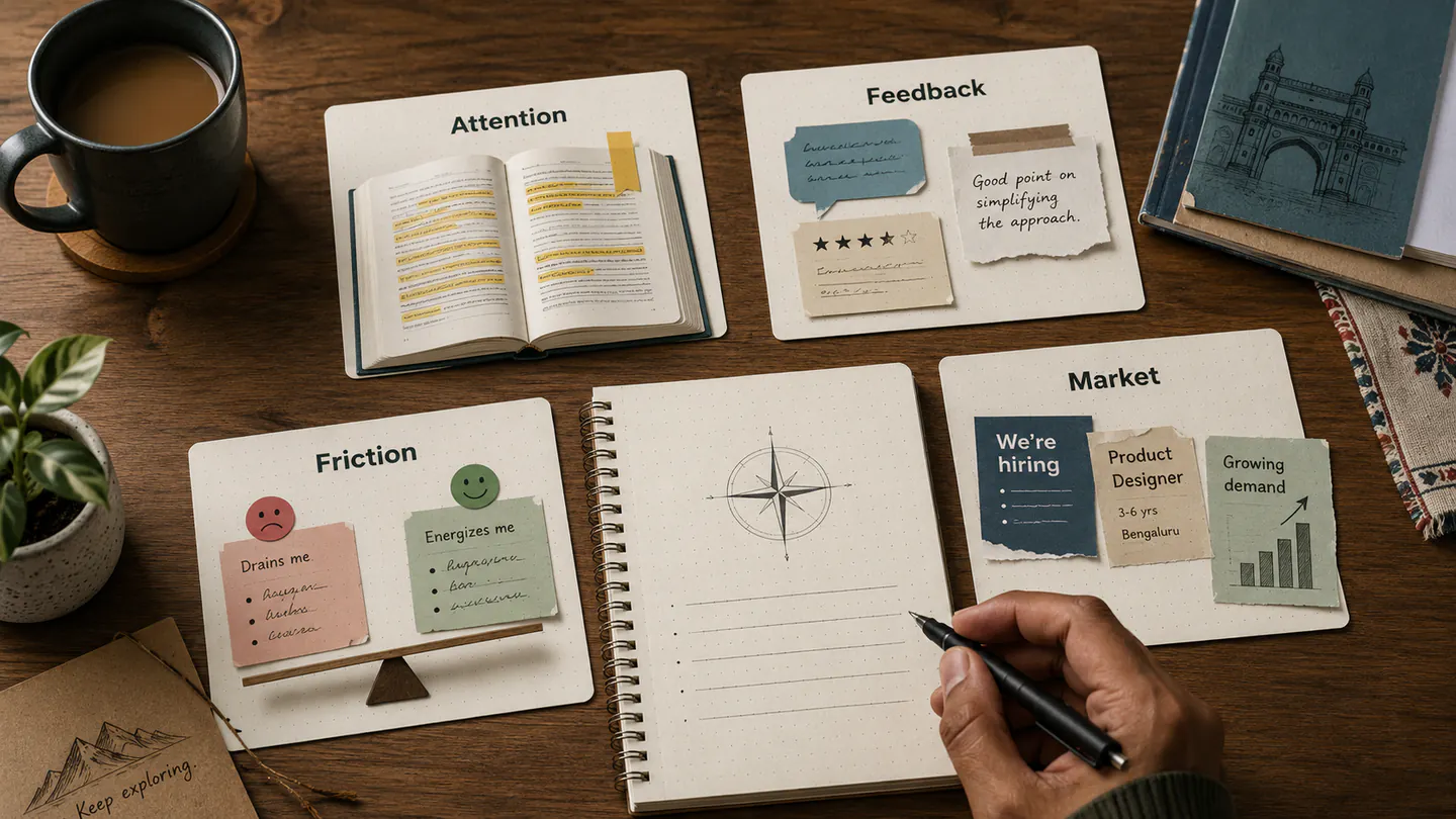 Editorial desk showing the four career-fit signals: attention, feedback, friction, and market evidence.