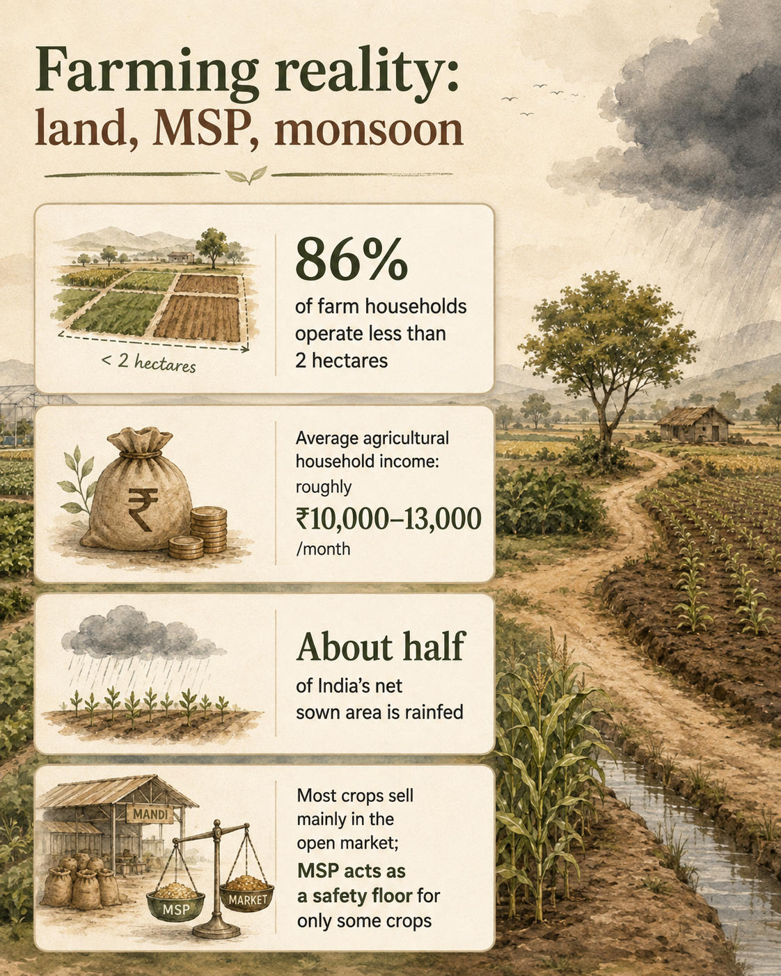 Infographic explaining how land size, household income, rain dependence, and MSP affect farming in India.