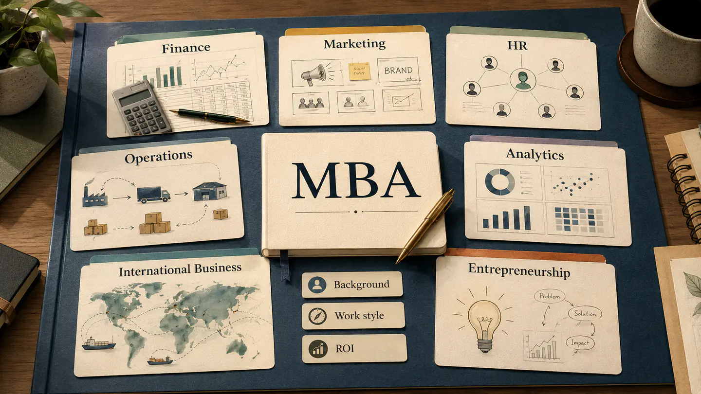 Editorial desk comparing seven MBA specializations through background, work style, and ROI.
