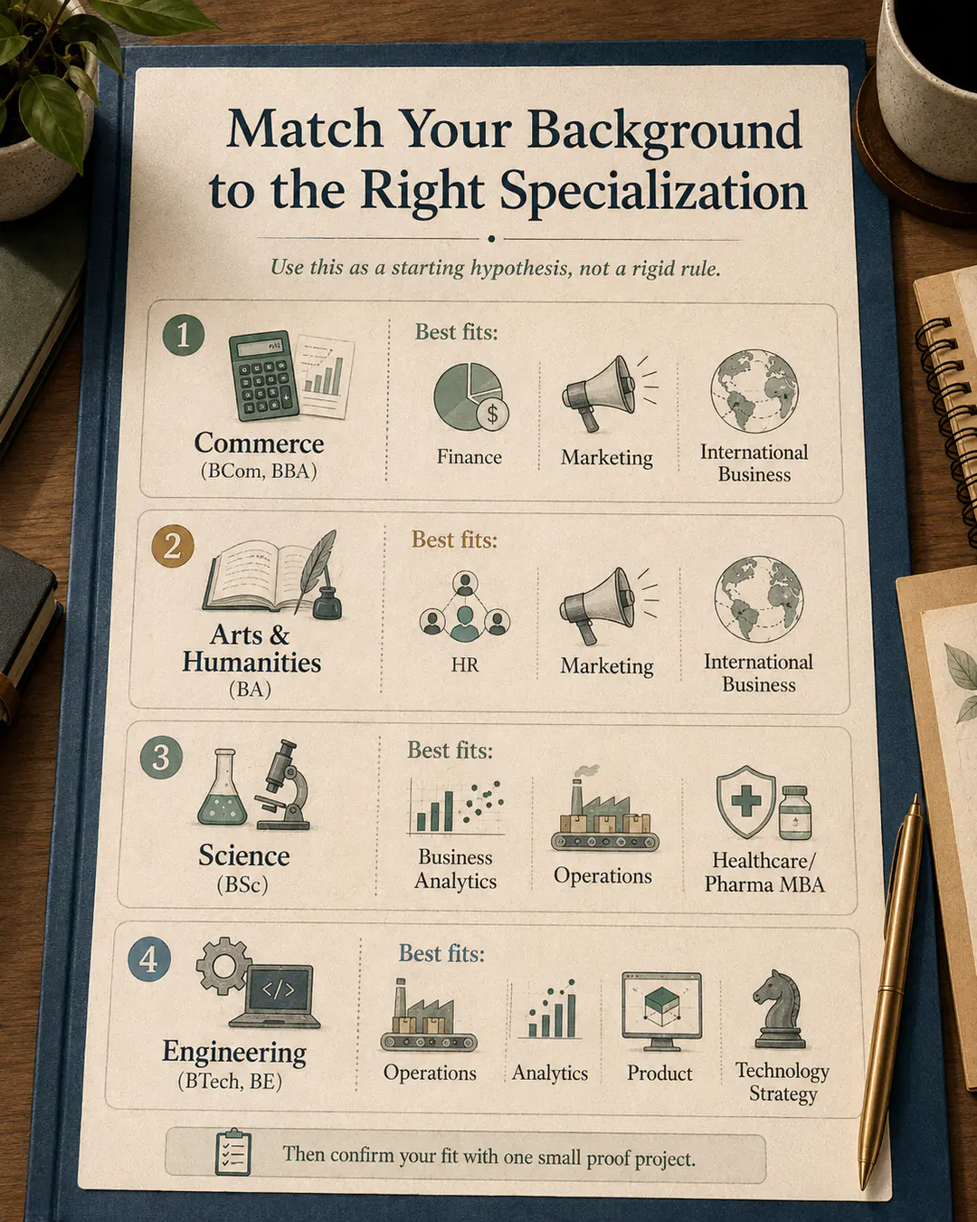 MBA specialization guide matching commerce, arts, science, and engineering backgrounds to likely fits.