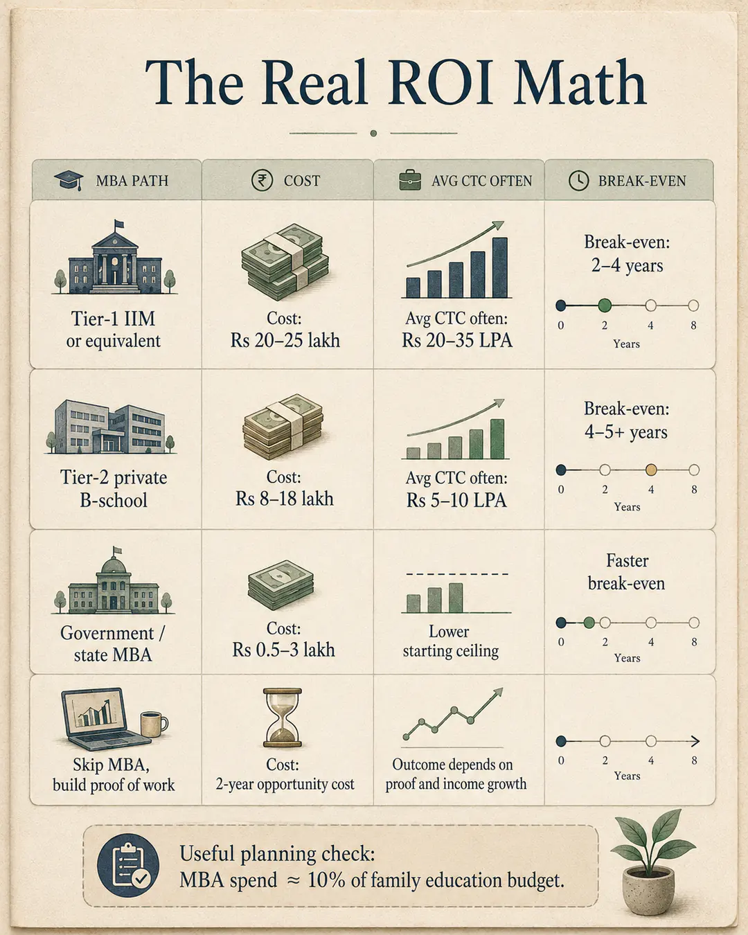 MBA ROI comparison for Tier-1, Tier-2, government programmes, and a skill-first alternative.