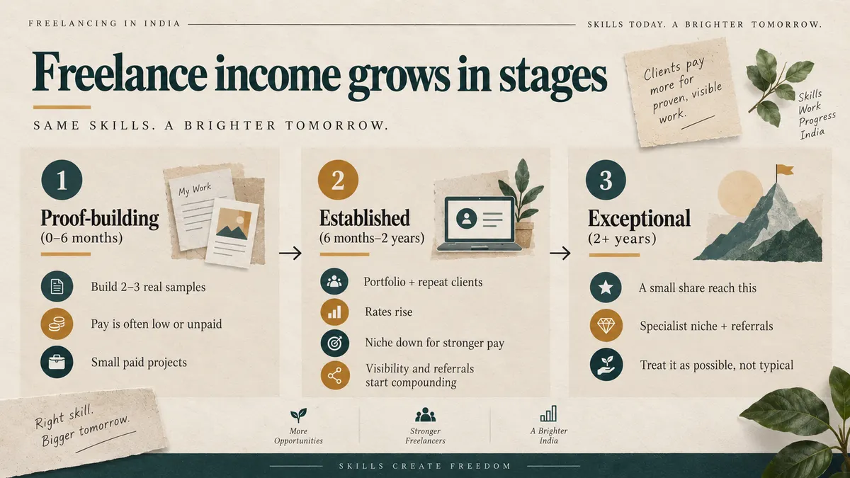 Freelance income progression from first projects to experienced work