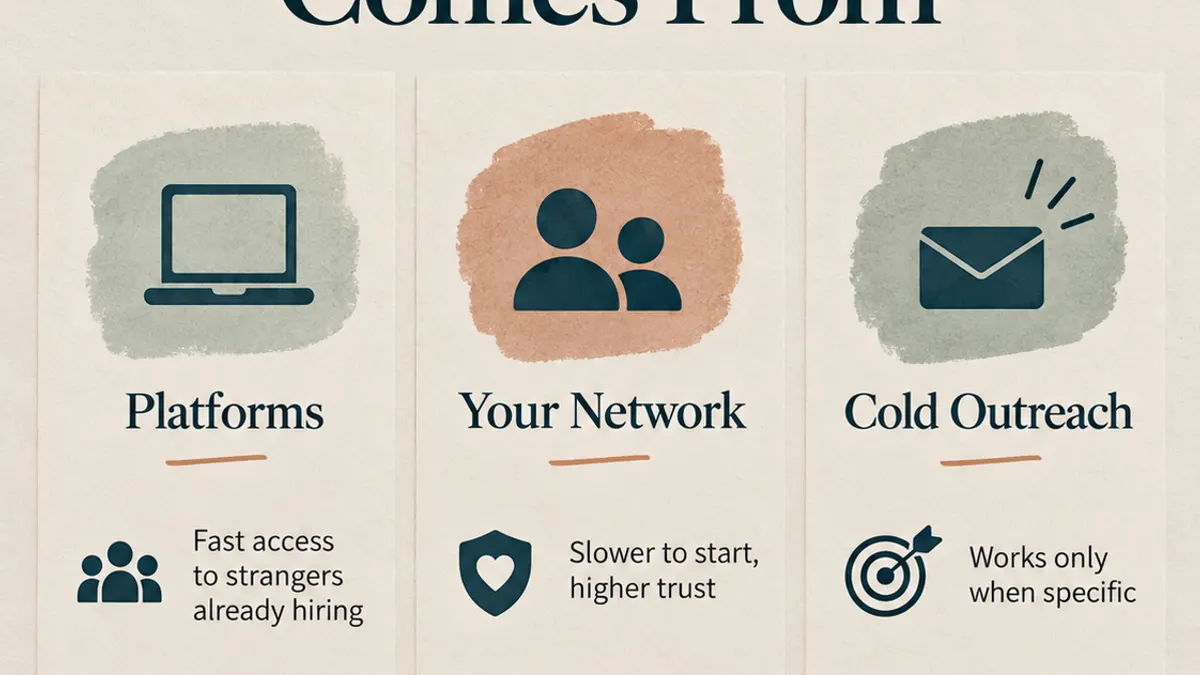 Platforms, network, and cold outreach channels for finding freelance clients