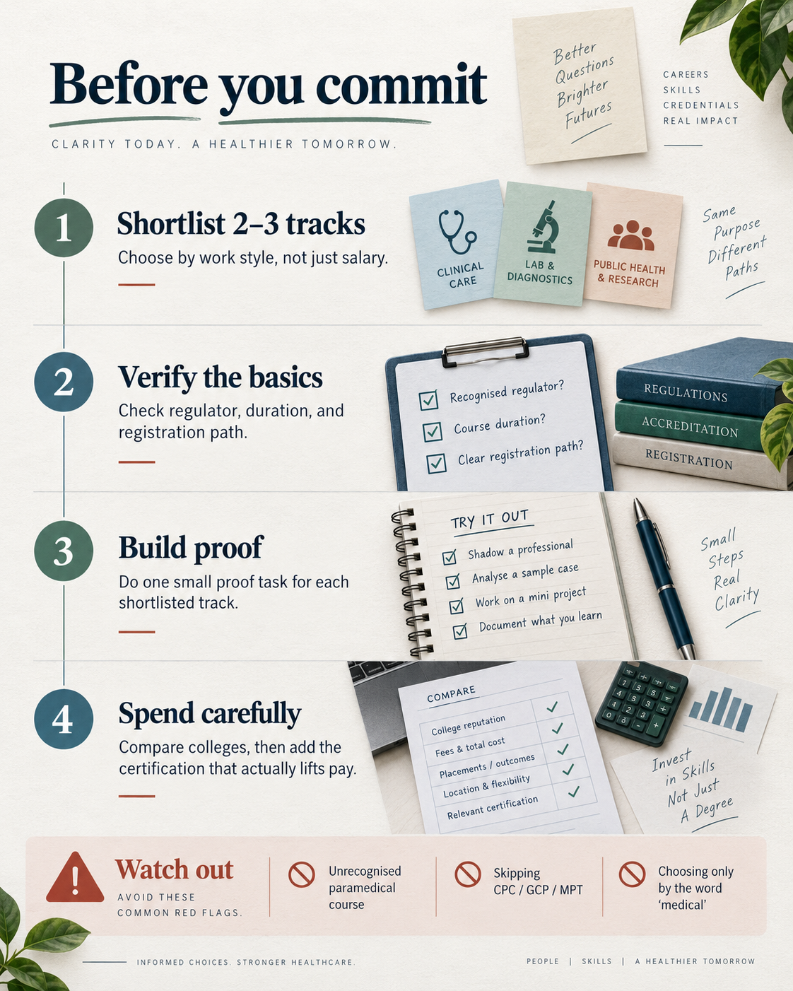 Four-step checklist to shortlist, verify, test, and compare non-doctor medical career options before committing.