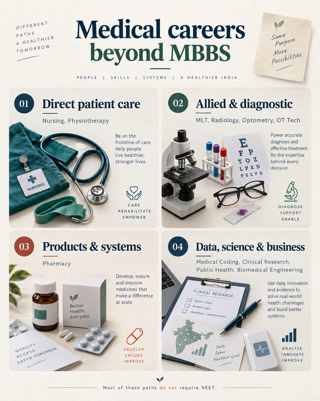 Infographic grouping medical careers beyond MBBS into direct patient care, allied diagnostics, pharmacy, and data, science, and business.
