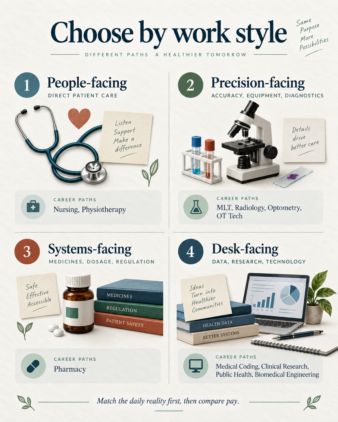 Infographic matching medical careers to people-facing, precision-facing, systems-facing, and desk-facing work styles.