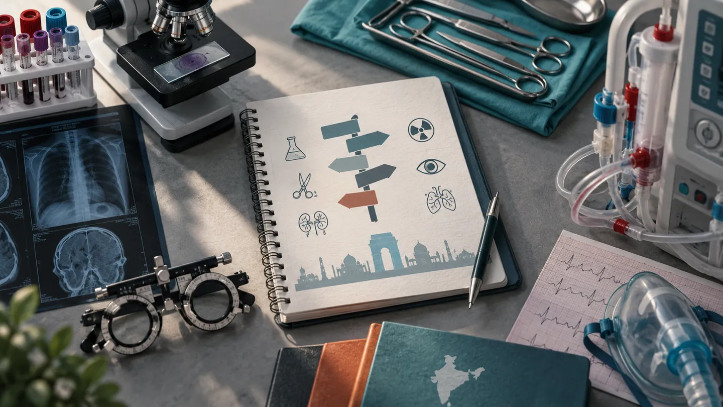 Editorial desk showing laboratory, imaging, operating-theatre, dialysis, optometry, and emergency-care tools for paramedical courses in India.