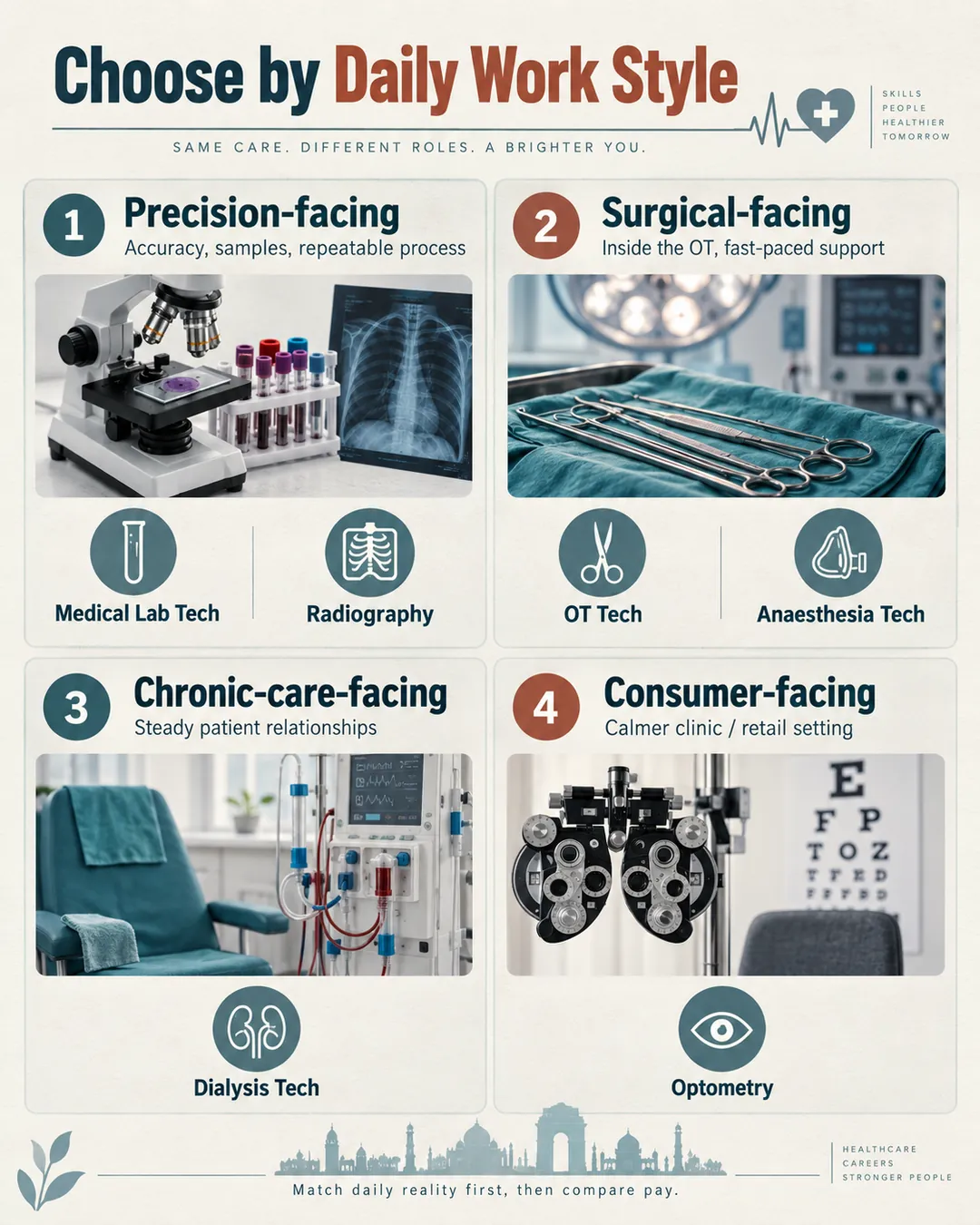 Infographic matching paramedical specializations to precision-facing, surgical-facing, chronic-care-facing, and consumer-facing work styles.