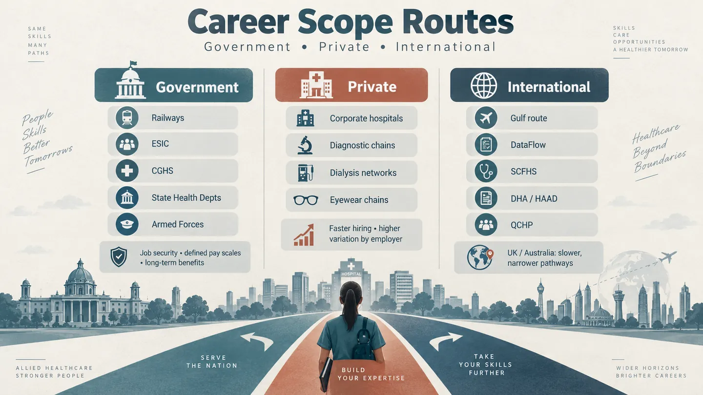 Career route comparison for paramedical professionals across government employers, private healthcare, and international licensing pathways.