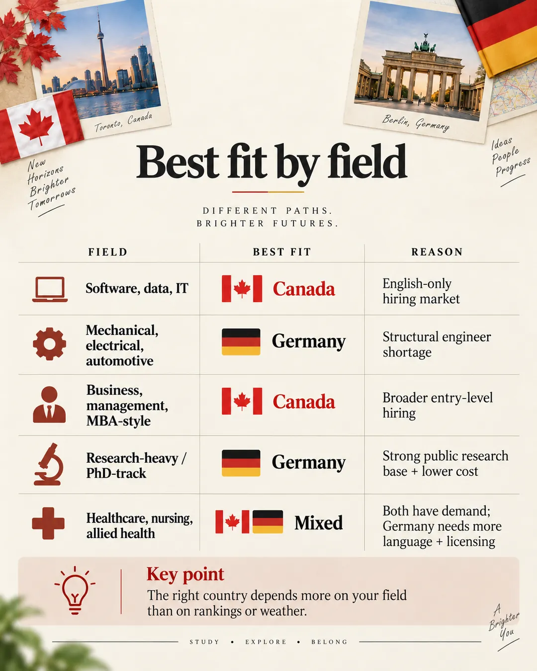 Best-fit-by-field infographic comparing Canada and Germany for software, engineering, business, research, and healthcare careers.