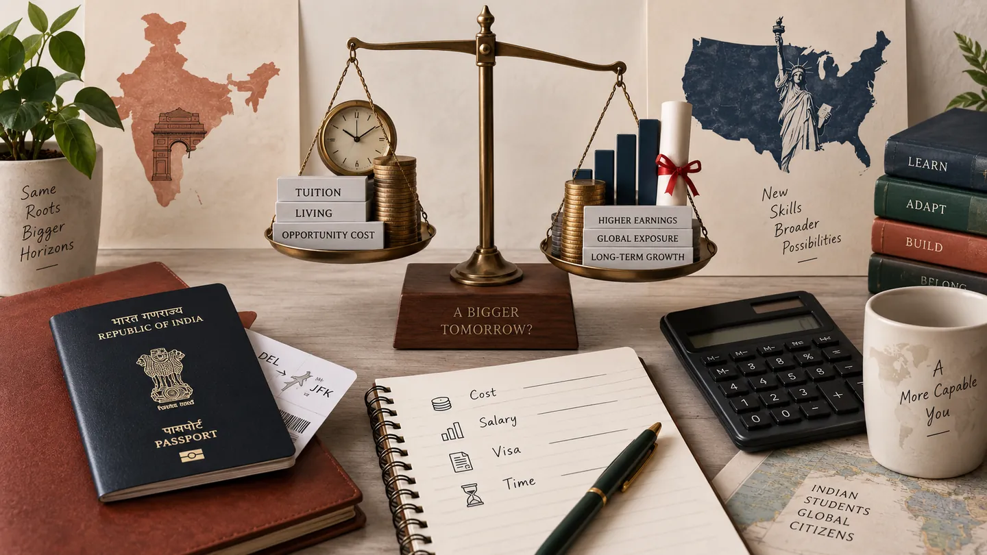 Editorial planning desk weighing the cost, salary, visa risk, and career return of an MS in the USA for an Indian student.