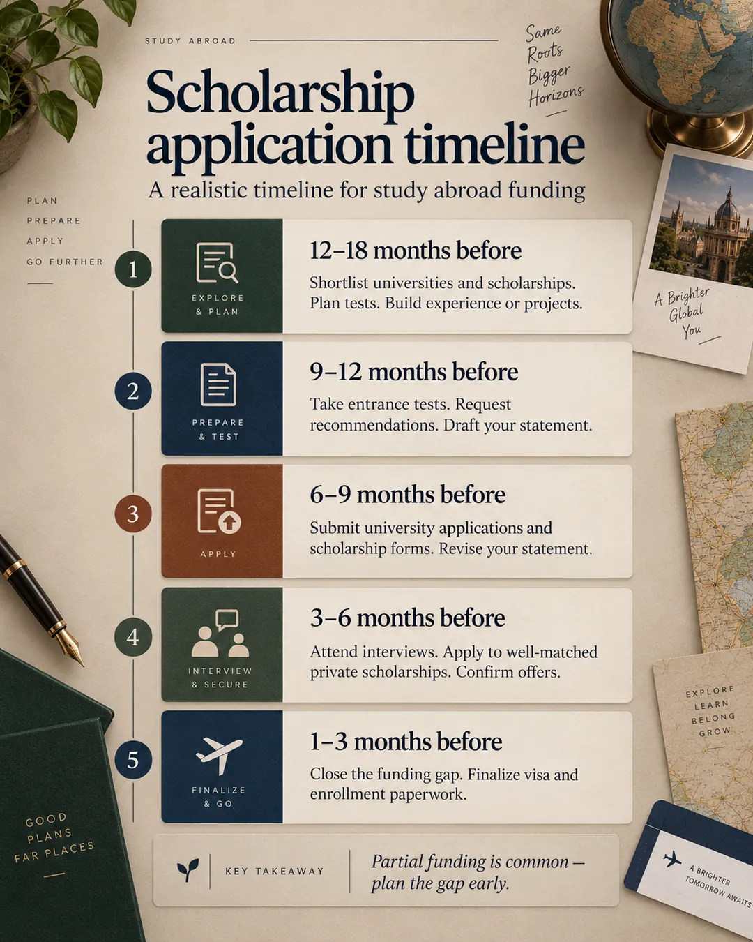 Five-stage scholarship application timeline from 12 to 18 months before enrollment through the final funding and visa steps.