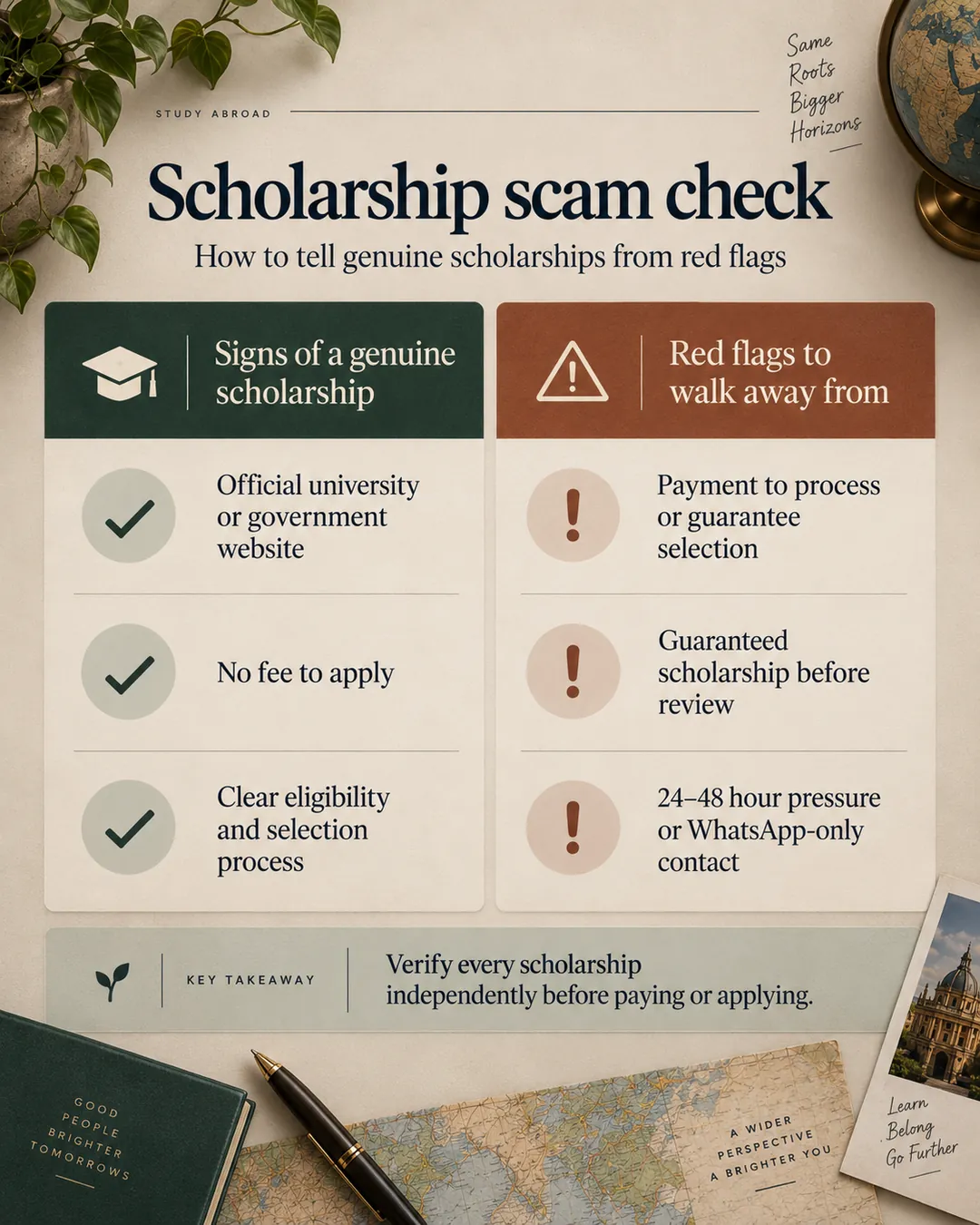 Scholarship scam checklist contrasting genuine official awards with payment demands, guarantees, pressure, and unverifiable contact details.