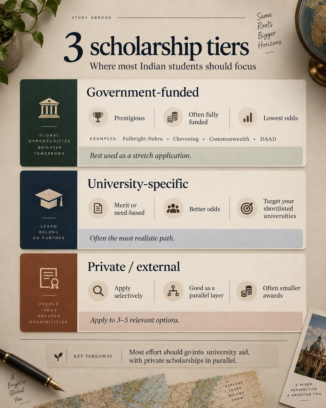 Infographic explaining three scholarship tiers for Indian study-abroad applicants: government-funded, university-specific, and private or external.